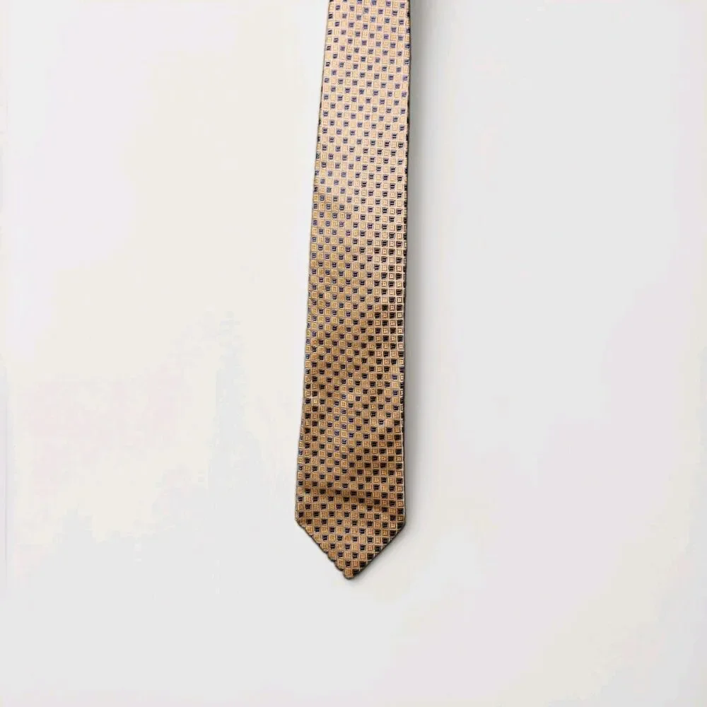 Tommy Hilfiger 100% Silk Tie Gold Blue Geometric Men's Designer Necktie